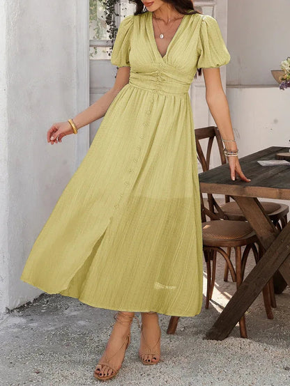 v-neck button-front puff sleeve midi yellow dress