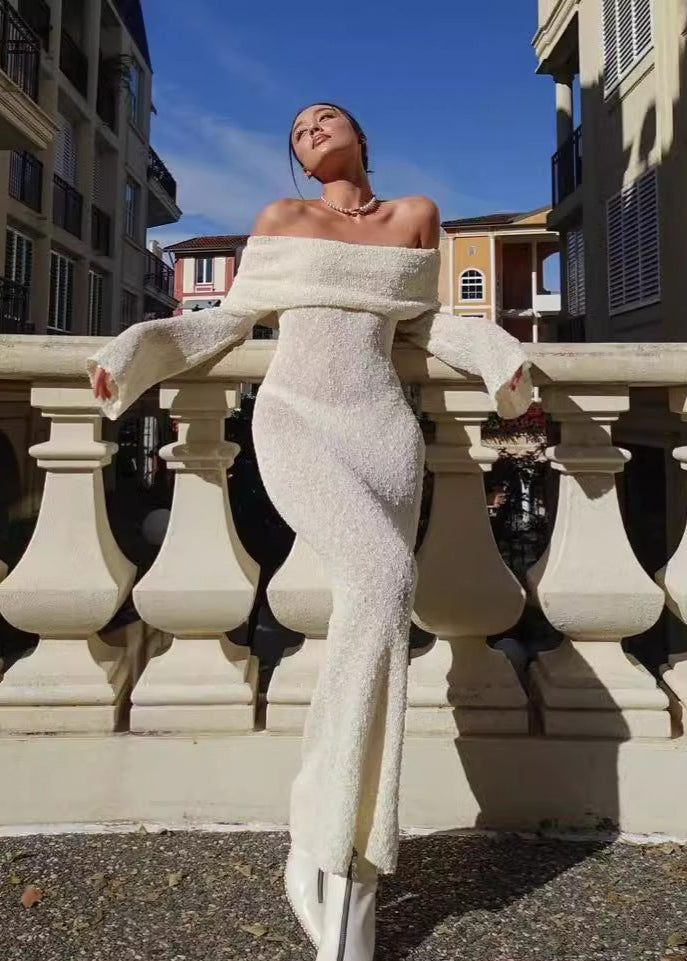Off Shoulder Foldover Cuff Metallic Knit Bodycon Maxi Dress