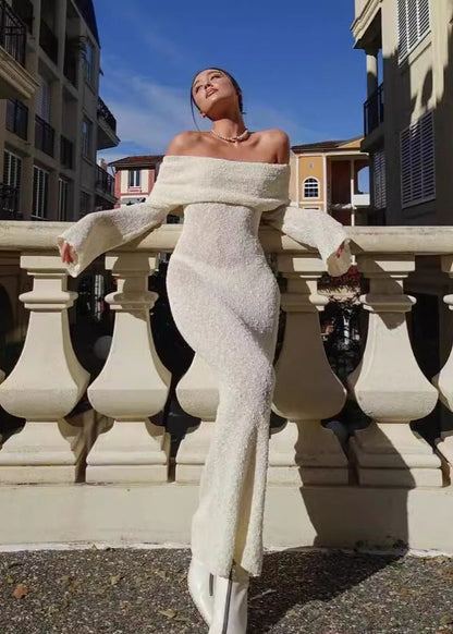 Off Shoulder Foldover Cuff Metallic Knit Bodycon Maxi Dress