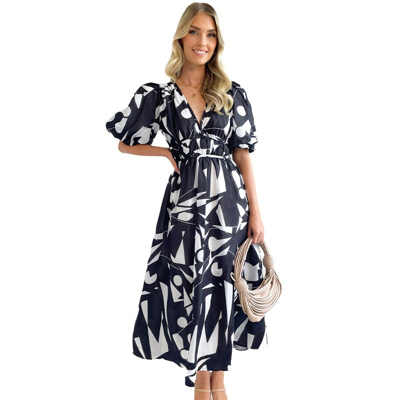 Printed V neck Puff Sleeve Large Swing Dress for