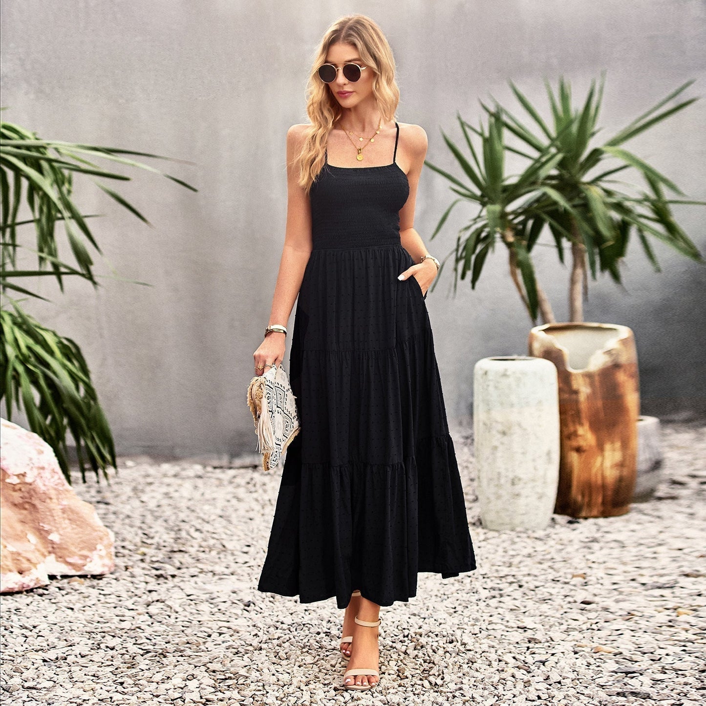 Spaghetti Strap Smocked Bodice Swiss Dot Tiered Pocket Maxi Dress