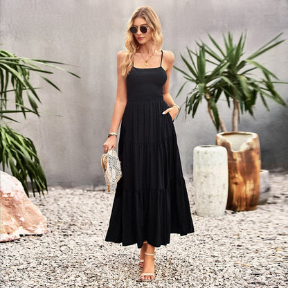 Spaghetti Strap Smocked Bodice Swiss Dot Tiered Pocket Maxi Dress