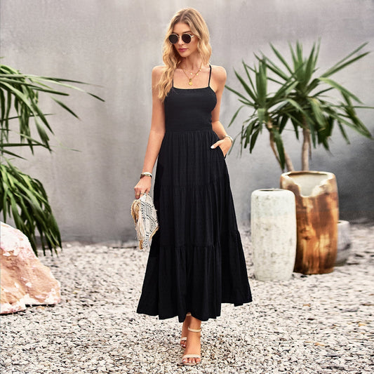 Spaghetti Strap Smocked Bodice Swiss Dot Tiered Pocket Maxi Dress