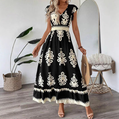 Ornamental Print V-Neck Cap Sleeve Smocked Waist Tiered Hem Boho Maxi Dress