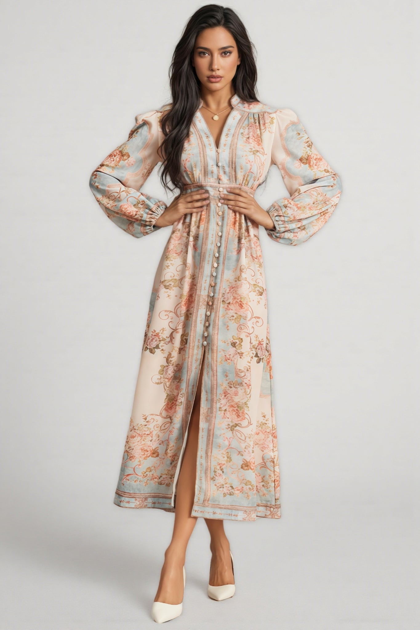 Quillon Blue Print Single Breasted Maxi Dress