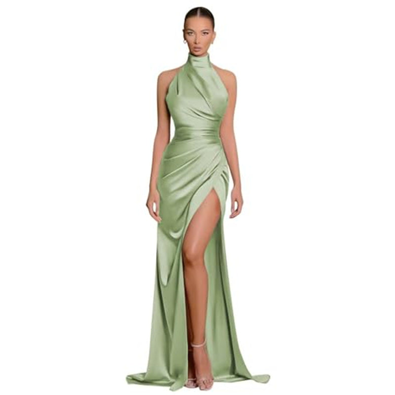 Havyn Satin Asymmetrical Halter Midi Dress - Green