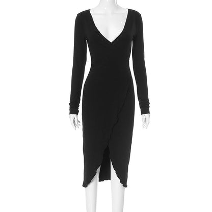 Deep V Plunge Long Sleeve Waist Tight High Slit Dress