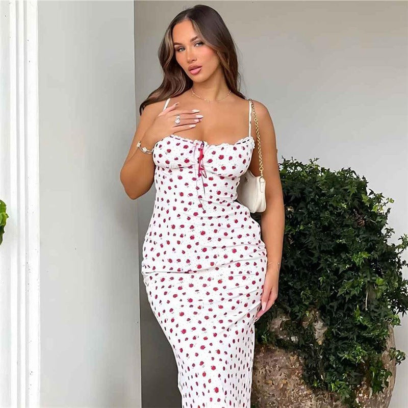 Ditsy Floral Print Spaghetti Strap Sweetheart Ruffle Trim Slip Maxi Dress