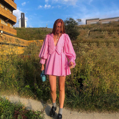 Pink Plaid Doll Collar Long Sleeve Dress GracefulA line Dress