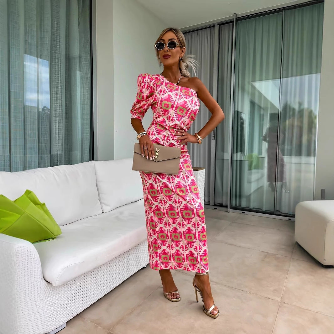 One Shoulder Puff Sleeve Ikat Geometric Print Maxi Dress