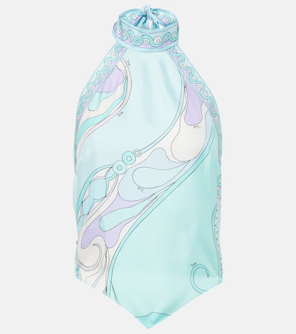 Satin Unique Print Halter Top and Irregular Midi Skirt Set