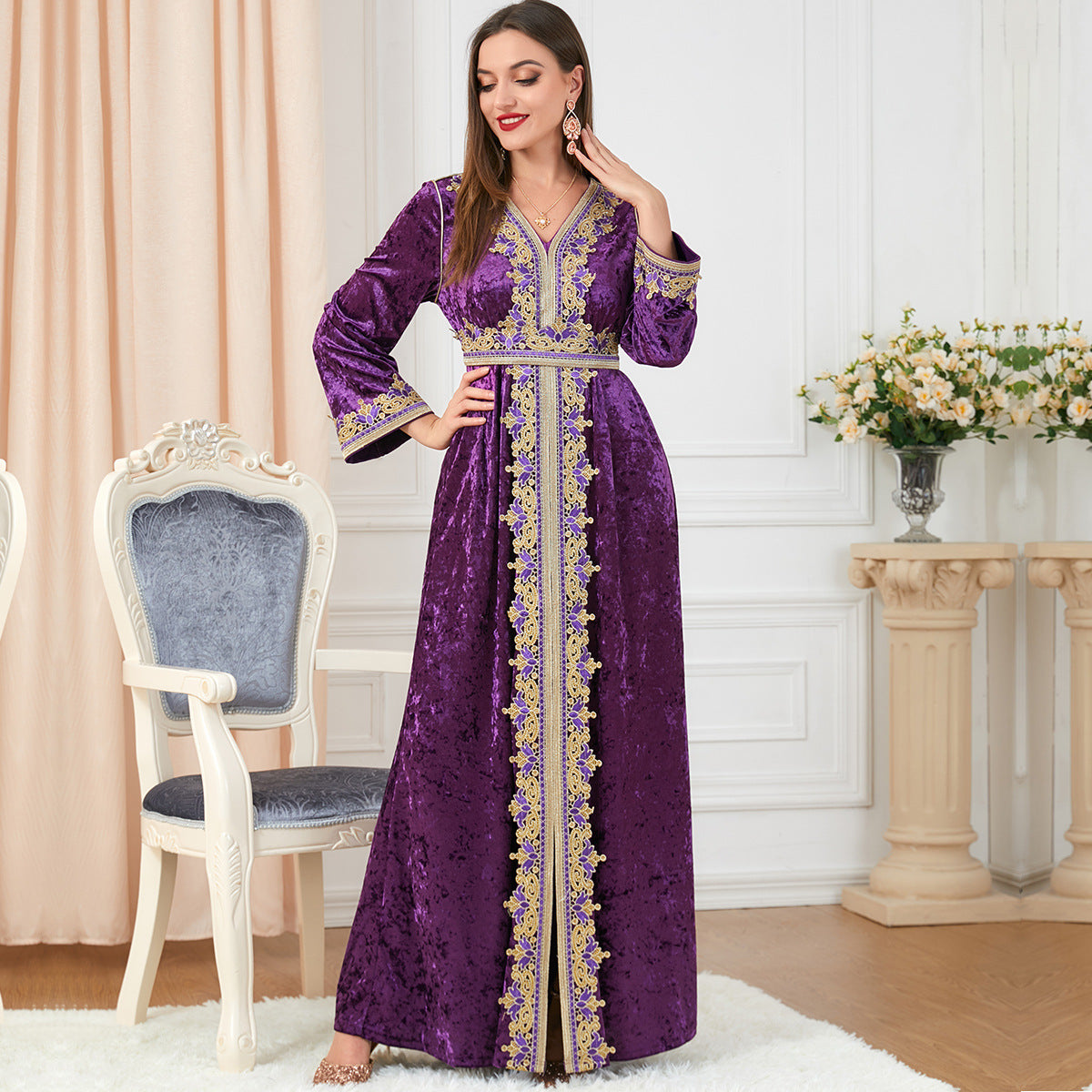 Popular Long Sleeve Split 's Wear Dubai Velvet Dress