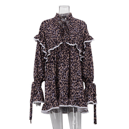 Printed Dress Flared Sleeves Lace up