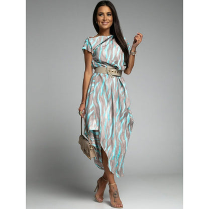 Abstract Wave Print Boat Neck Cap Sleeve Belted Asymmetrical Draped Hem Midi Dress
