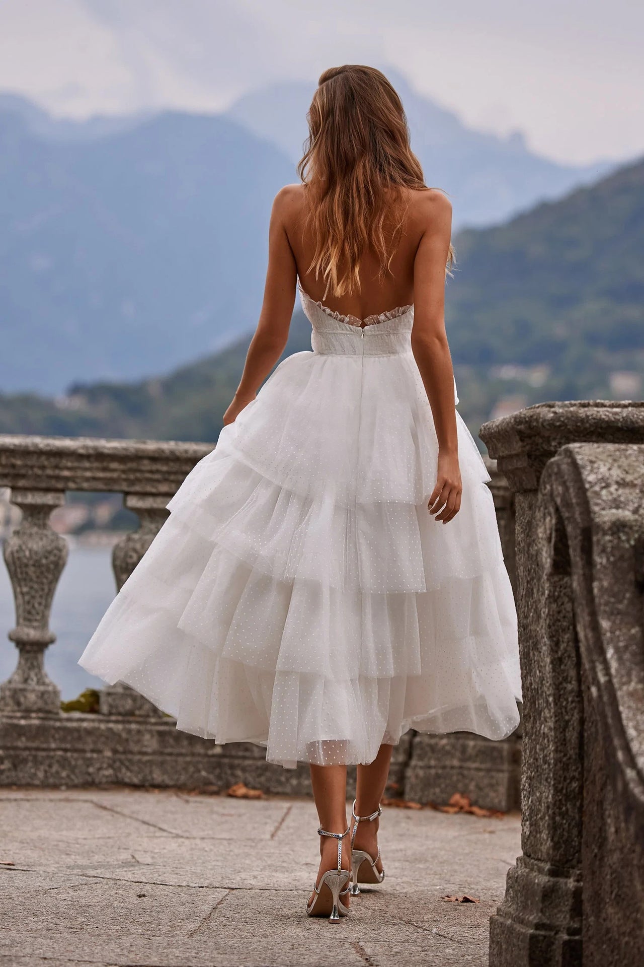Halter Ruffle Trim Swiss Dot Tulle Tiered Cupcake Midi Dress