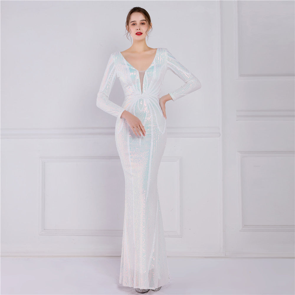 Positioning Floral Sequin Evening Banquet Elegant Long Sleeve Sequined Queen Fishtail Dress