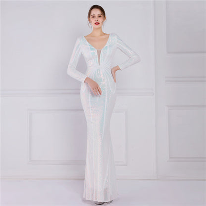 Positioning Floral Sequin Evening Banquet Elegant Long Sleeve Sequined Queen Fishtail Dress