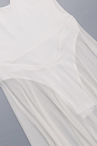 Deep V Neck Ring Hardware Strap Pleated Sheer Overlay Maxi Gown