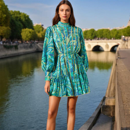 French Elegant Court Short StCollar Printing Contrast Color Ruffled