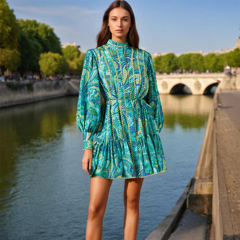 French Elegant Court Short StCollar Printing Contrast Color Ruffled