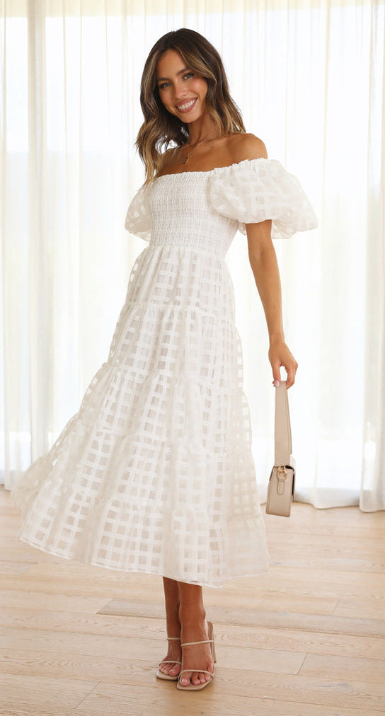 One Neck Lantern Sleeve Layer Stitching Dress