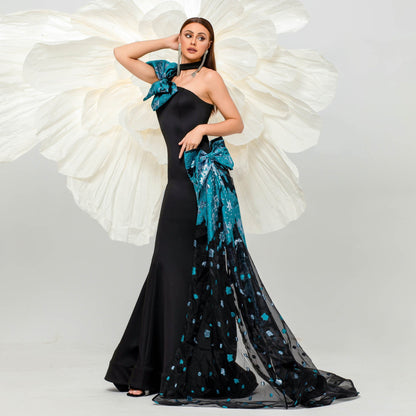 High End Sleeveless Elegant One Shoulder Diagonal Collar Cocktail Hairtail Evening Dress Bridesmaid Dress