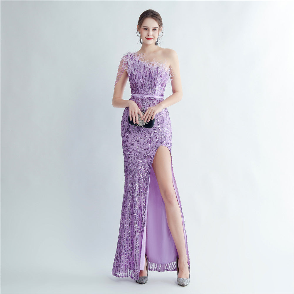 Heavy Industry Ostrich Hair Craft Beading Hair Oblique Shoulder Side Slit High End Evening Dress