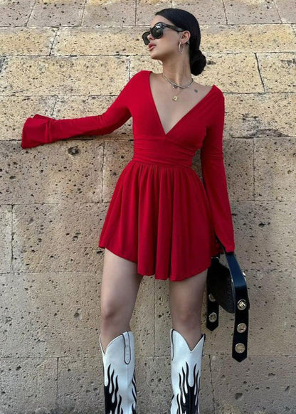 Deep V Neck Bell Sleeve Ruched Waist Wrap Fit and Flare Mini Dress