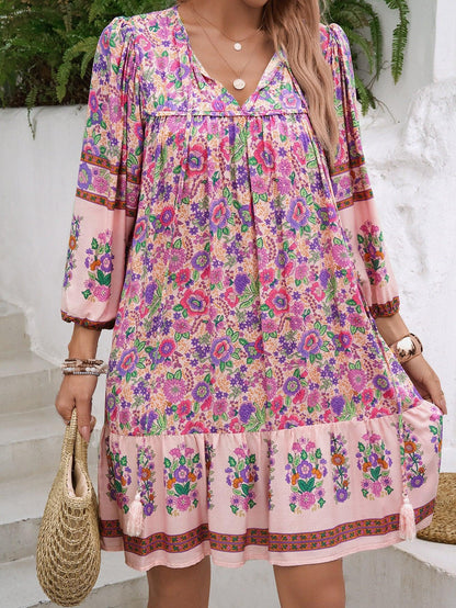 Floral Boho Mini Summer Dress with Tassels