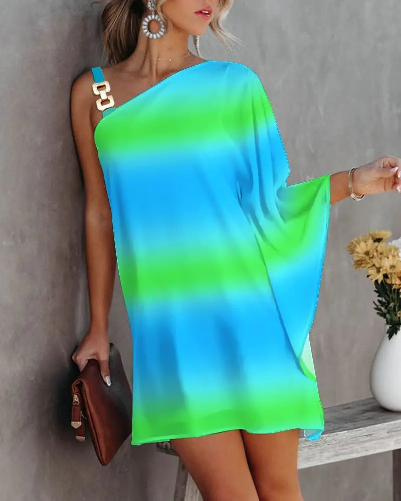 Ombre Stripe One-Shoulder Chain Strap Butterfly Cape Sleeve Mini Dress