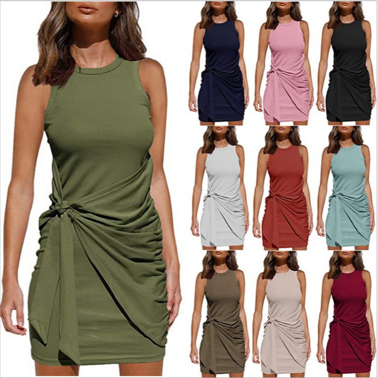 Crew Neck Side-Tie Knot Ruched Tank Bodycon Mini Dress
