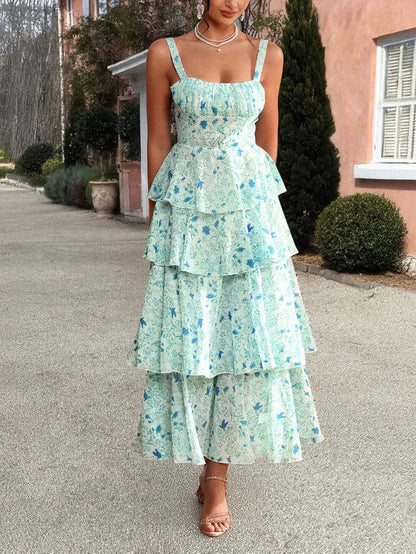 Maxi Dress Green Floral Ruffle Summer Sundress