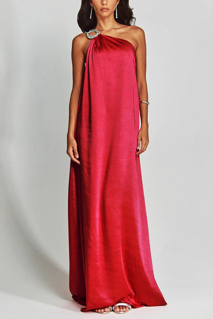 Charming Glance Satin Metal Hardware One Shoulder Loose Maxi Dress