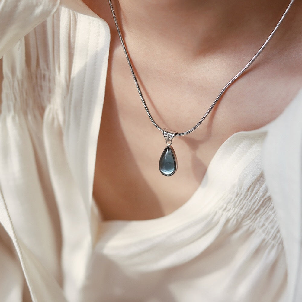 Aqua Teardrop Pendant Titanium Steel Gold Plated Necklace