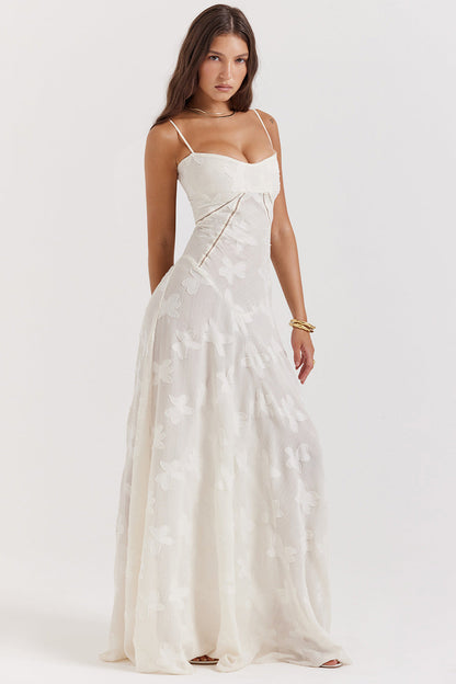 Floral Jacquard Corset Bodice Spaghetti Strap Lace-Up Back Floor-Length Gown