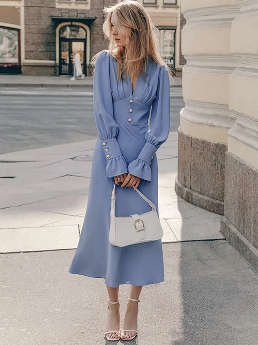 French-style lantern sleeve midi dress