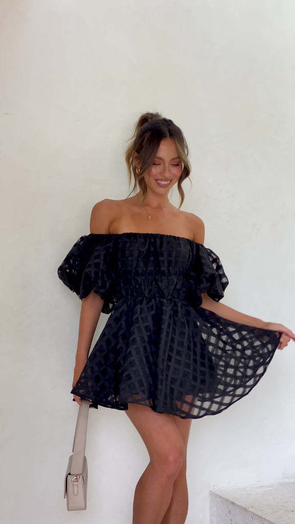 Off Shoulder Puff Sleeve Windowpane Organza Shirred Mini Dress
