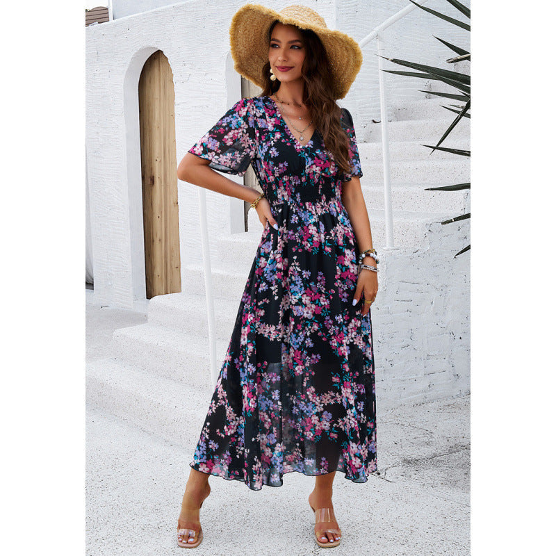 Floral Print V-Neck Smocked Waist Flutter Sleeve Maxi Dress