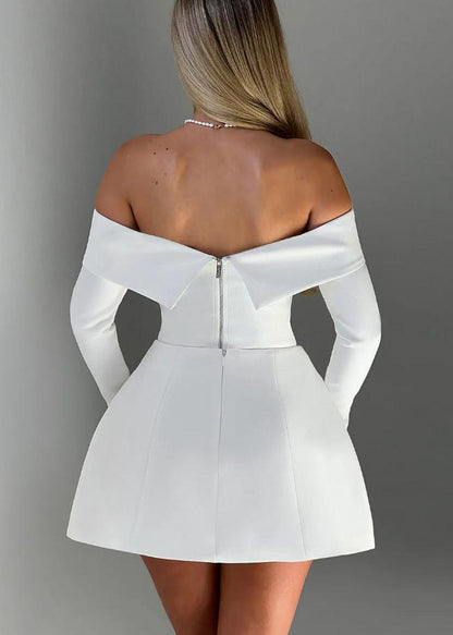 Off Shoulder Foldover Collar Long Sleeve Pocket Flap Structured Fit and Flare Mini Dress