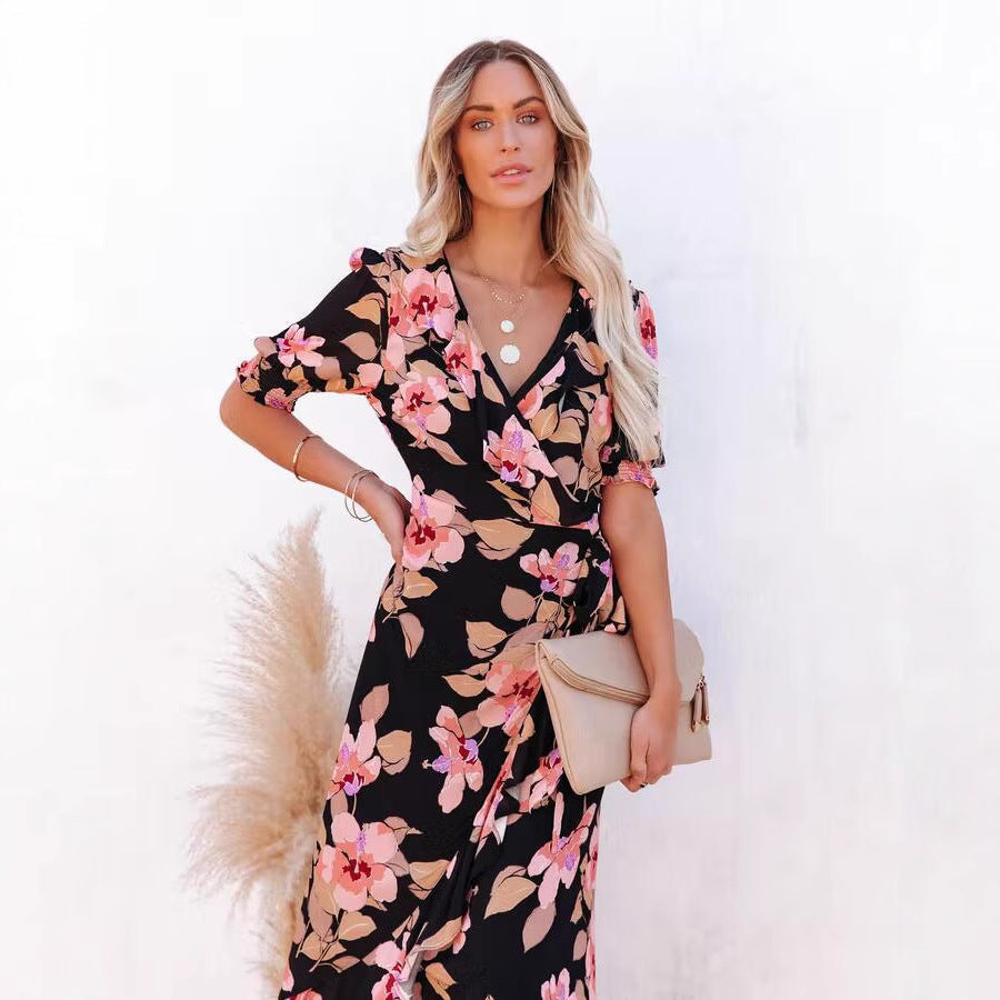 Floral Print Wrap V-Neck Puff Sleeve Ruffle Trim High-Low Maxi Dress