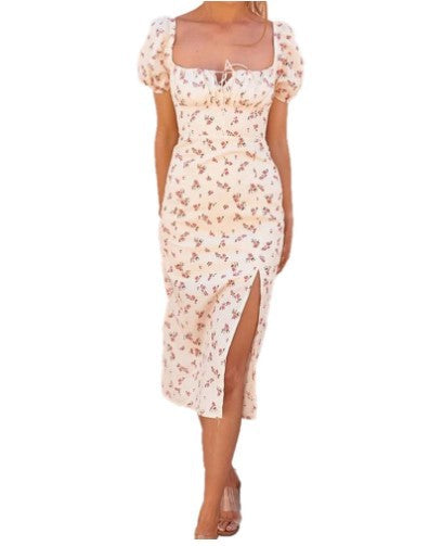 Ditsy Floral Print Square Neck Puff Sleeve Keyhole Tie Thigh-Slit Midi Dress