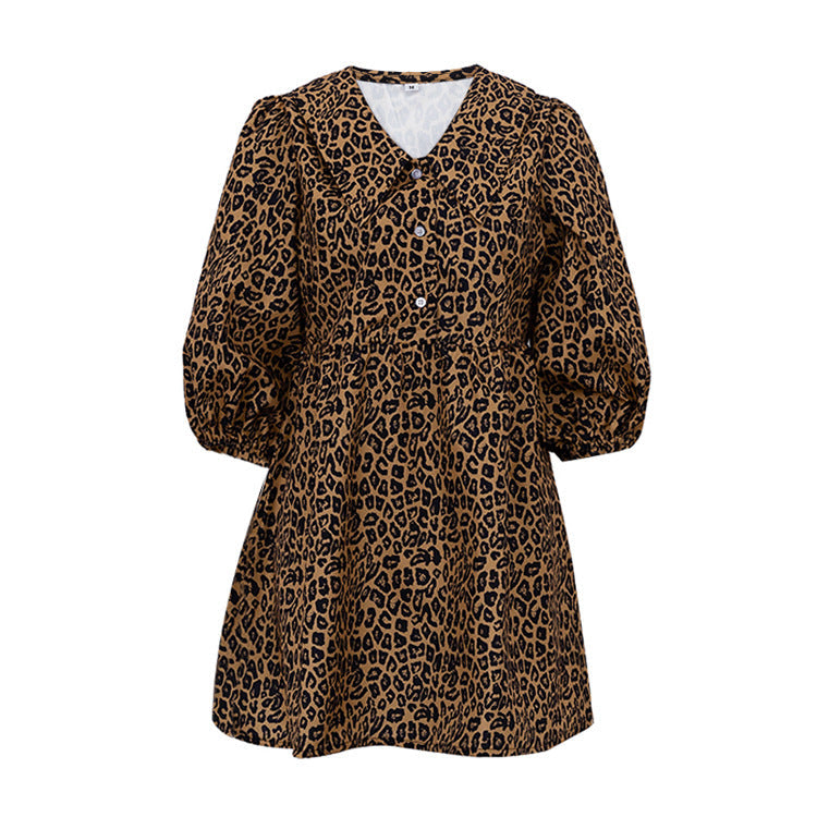 Peter Pan Collar Leopard PrintElegant Dress Half Sleeve A line Dress
