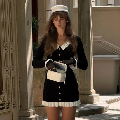 French hepburn black ruffled knit bodycon dress