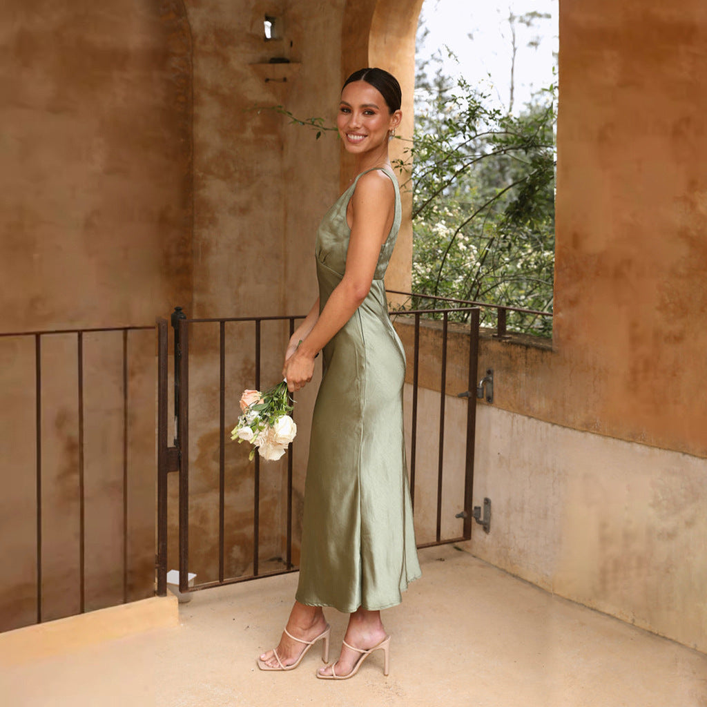 Satin Deep V-Neck Empire Waist Ruched Bust Slip Midi Dress