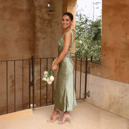 Satin Deep V-Neck Empire Waist Ruched Bust Slip Midi Dress