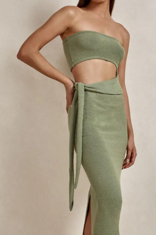 Rib Knit Strapless Cutout Tie Waist Wrap Midi Dress