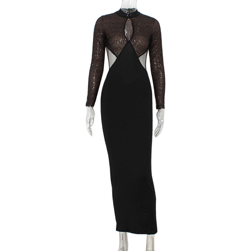 Night Club Sequin Stitching Hollow Out Cutout Backless Skinny Hip Dress