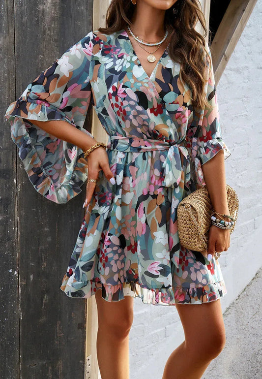 Ruffle Floral Wrap Mini Dress Boho Summer Dress