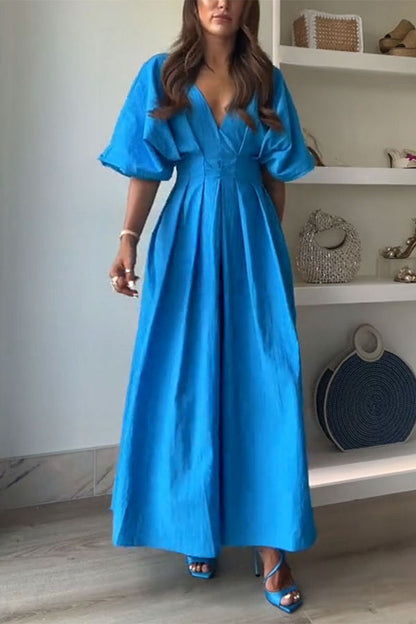 Antibes Linen Blend Princess Line Pleated Wide Puff Sleeve Midi Dress