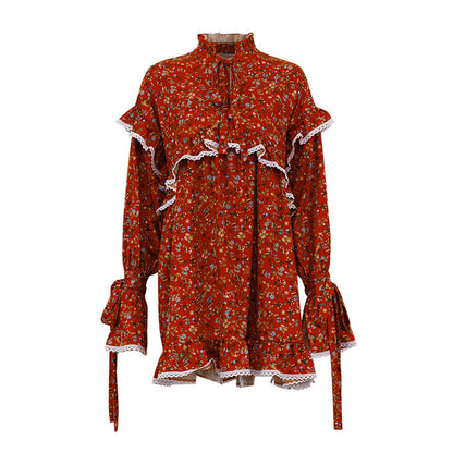 Printed Dress Flared Sleeves Lace up